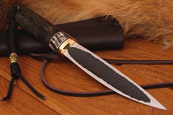 Северный нож средний "БЫHAХ"  Bohler N690, рукоять зуб мамонта, коричневая карельская береза.